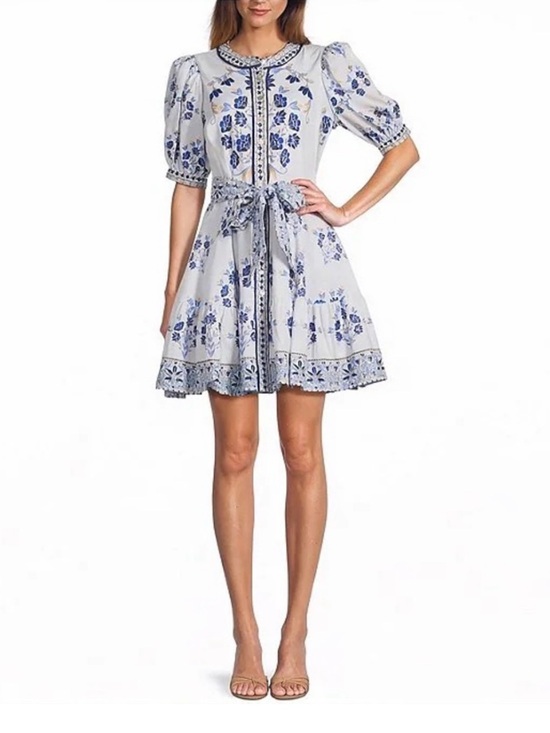 A Loves A Dresses & Skirts - A Loves A Blue White Floral Bubble Sleeve A-Line Flounce Mini Dress XS